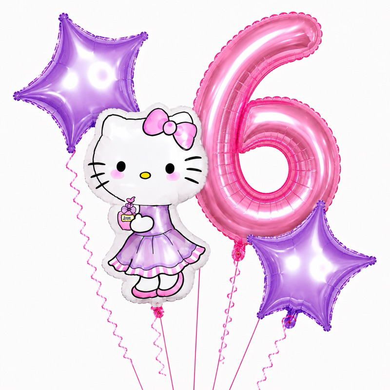 Kit Balão metalizado Hello Kitty Bolsa 75 cm + 2 redondo Hello Kitty com estrelinhas
