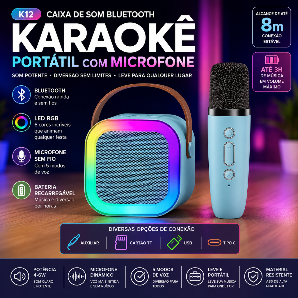 Caixa de Som Bluetooth Karaokê Portátil LED Com Microfone K12