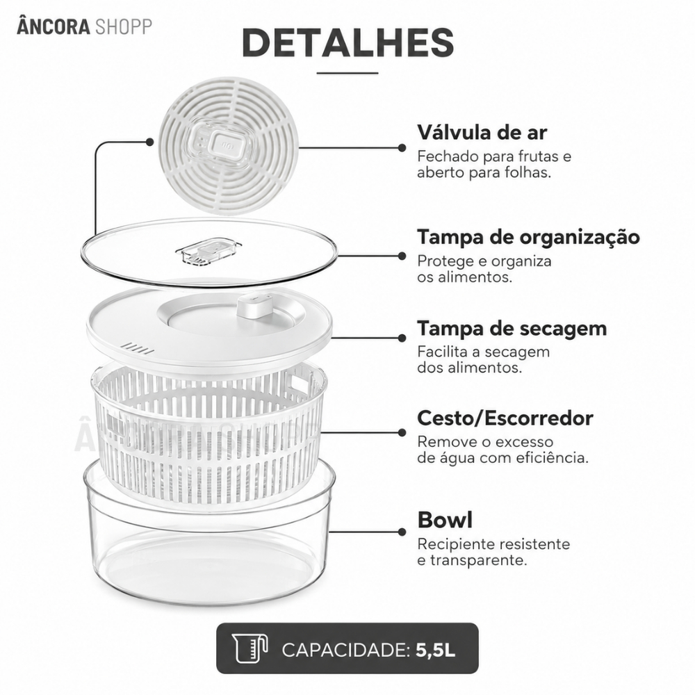 Secador de Salada 5,5L Centrífuga Manual com Tampa de Acrílico — foto 3
