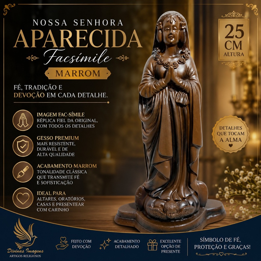 Imagem Nossa Senhora Aparecida Fac-Símile 25cm Marrom Gesso Premium Pintado Deecoração