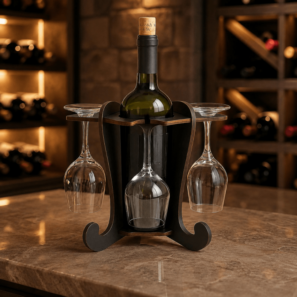 Adega Suporte de 4 taças e Vinho ou Espumante para Mesa Em Madeira MDF