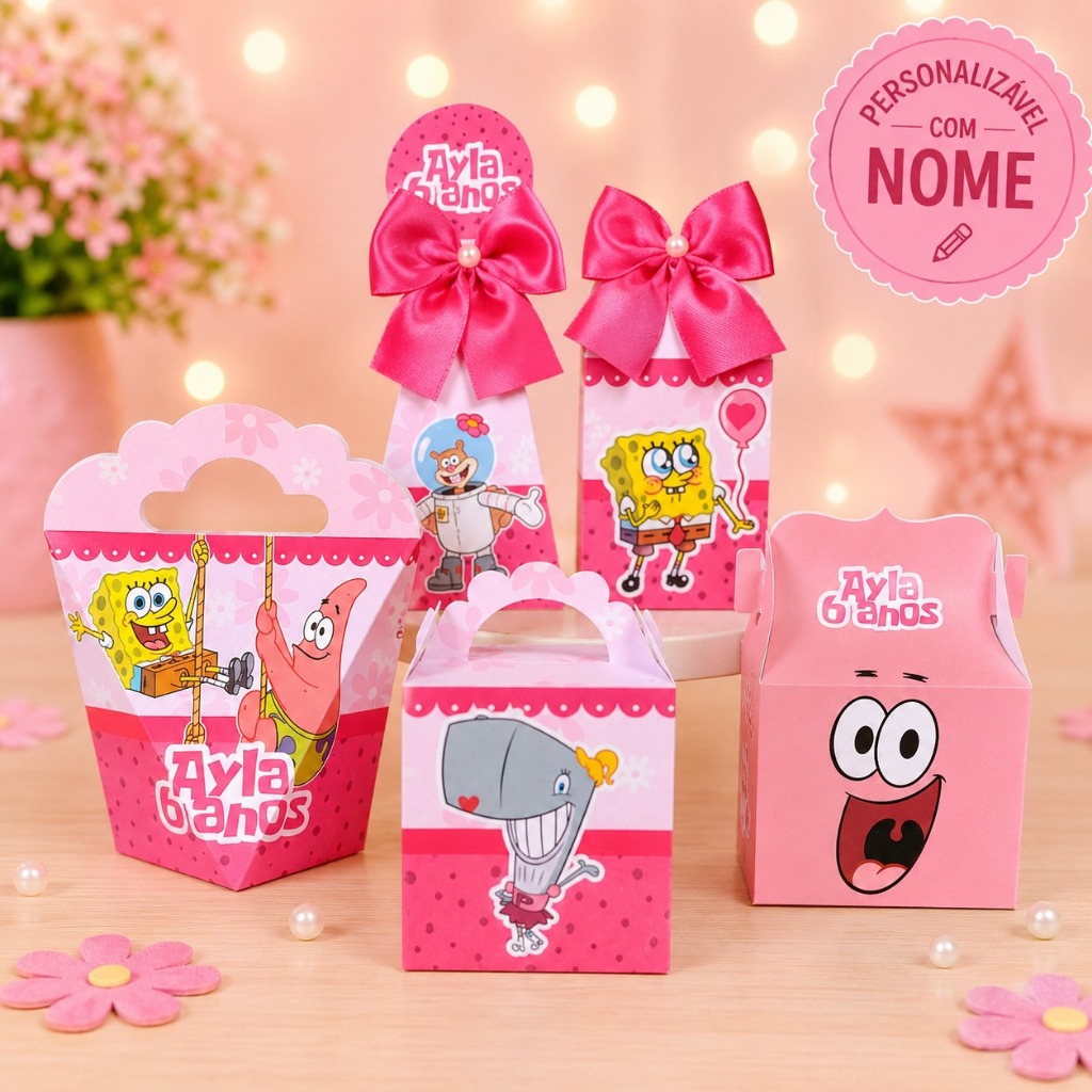 Kit Festa Bob Esponja Rosa Personalizados Lembrancinhas Festa Infantil Aniversário Caixinhas Mimo