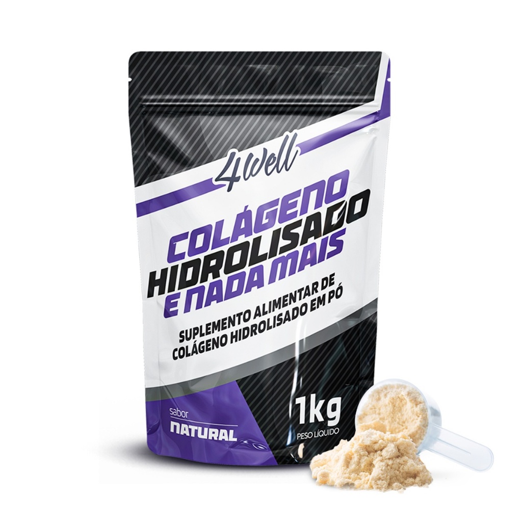 Colágeno Hidrolisado Bovino 4Well 1kg em Pó Sem Sabor Suplemento Alimentar Rende Mais