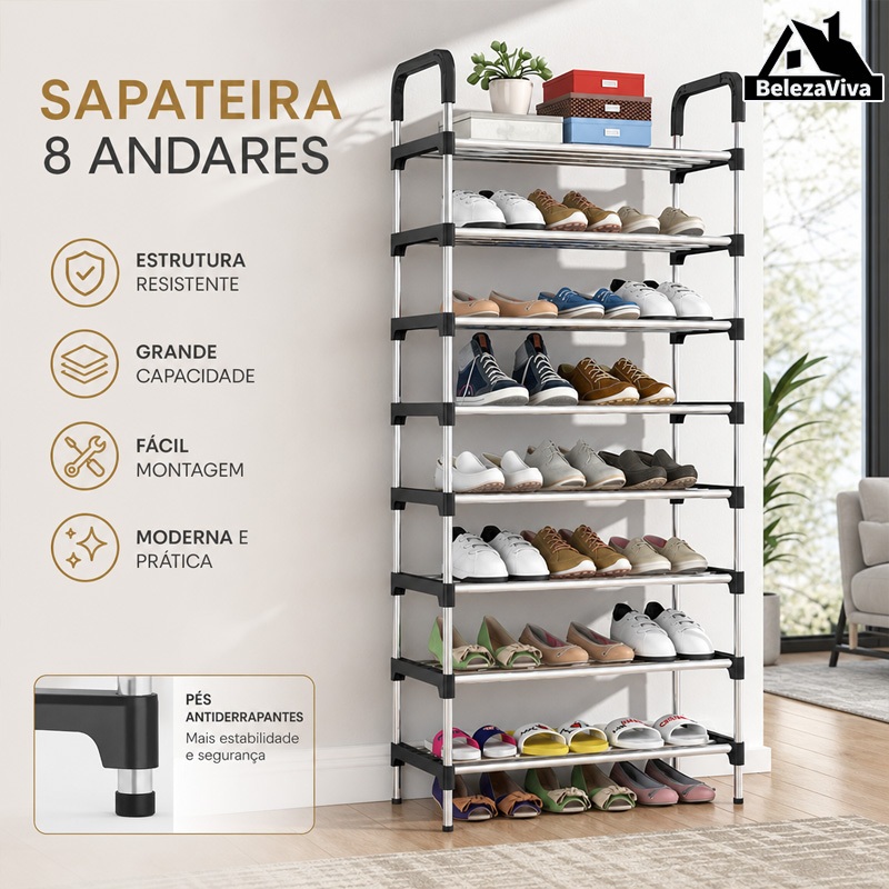 5/6/7/8 Andares Sapateira Organizador Vertical Prateleira  Multiuso Aço Cromado Desmontável