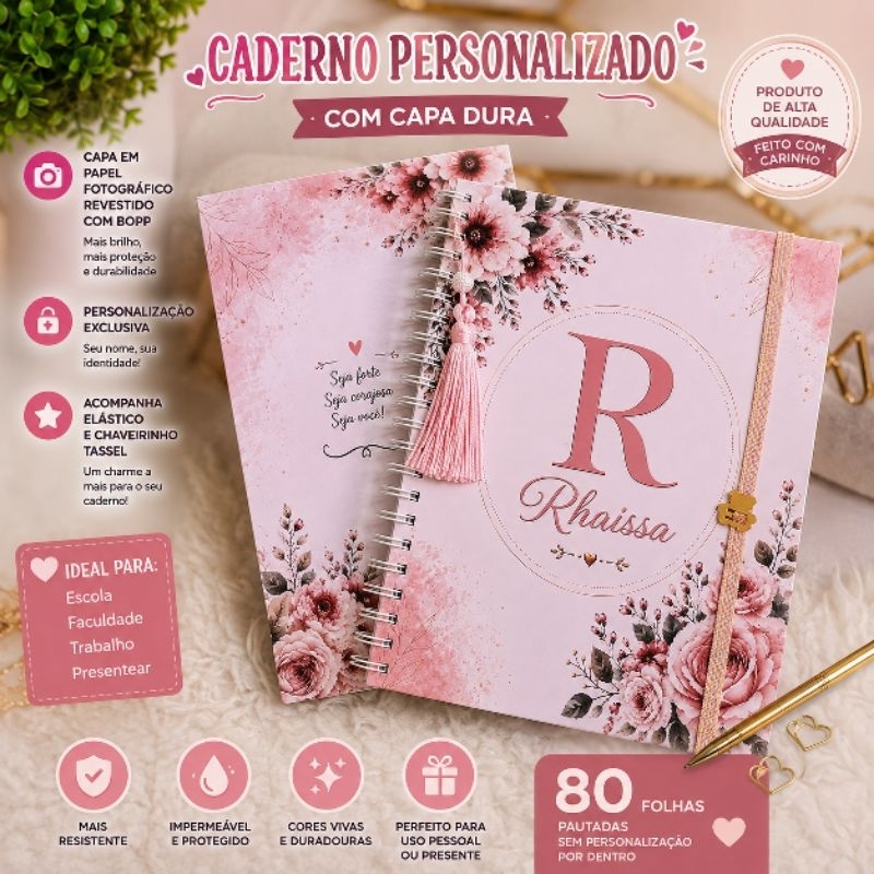 Caderno A5 Floral com letra inicial Caderno Personalizado com letra e nome 80 folhas com pauta Caderno  A5 folha pautada