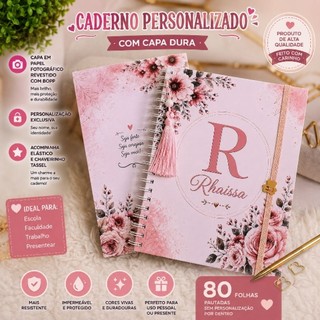 Caderno A5 Floral com letra inicial Caderno Personalizado com letra e nome 80 folhas com pauta Caderno  A5 folha pautada