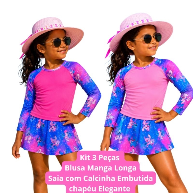 Conjunto Praia Infantil Menina 3 Peças Proteção UV50+ Moda Praia Piscina Feminina