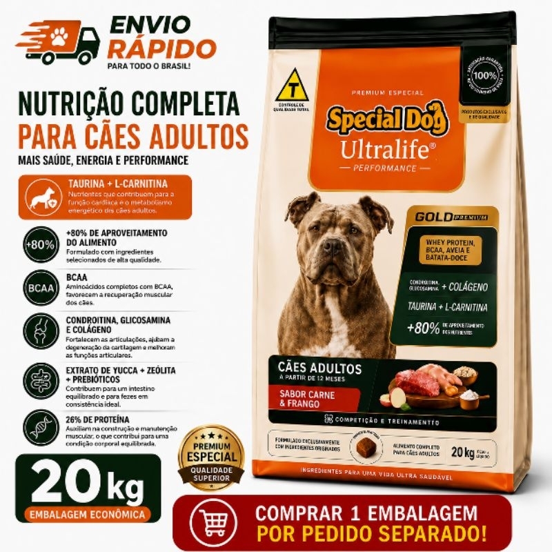 Ração Special Dog Ultralife Performance 20kg Cães Adultos Carne e Frango Premium Alta Nutrição
