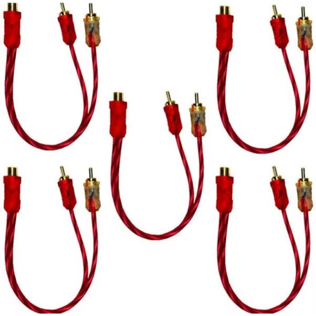 Kit 5 Cabos RCA Y 1 Fêmea + 2 Machos Injetado Flexível para Som Automotivo