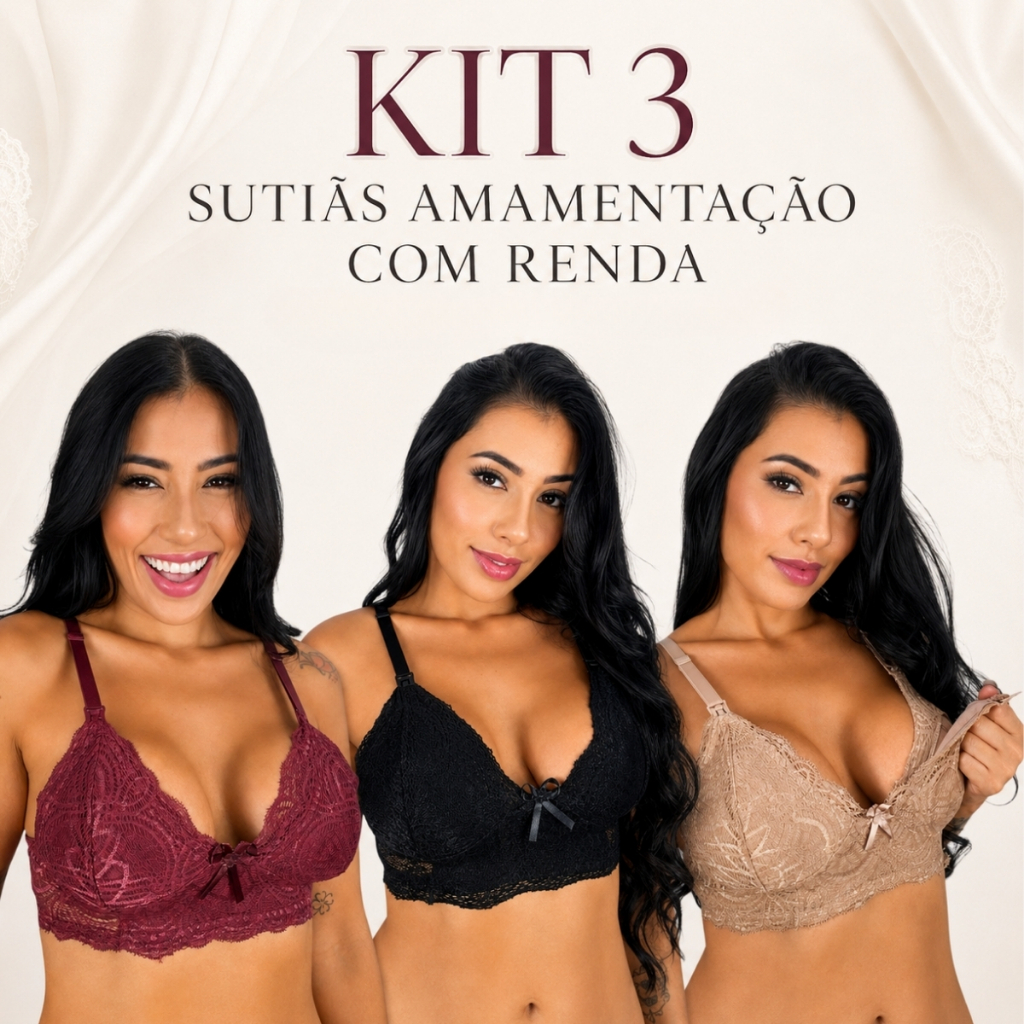 Kit 3 Sutiã de Amamentação Sem Bojo em Renda Gestante Maternidade e Pós Parto