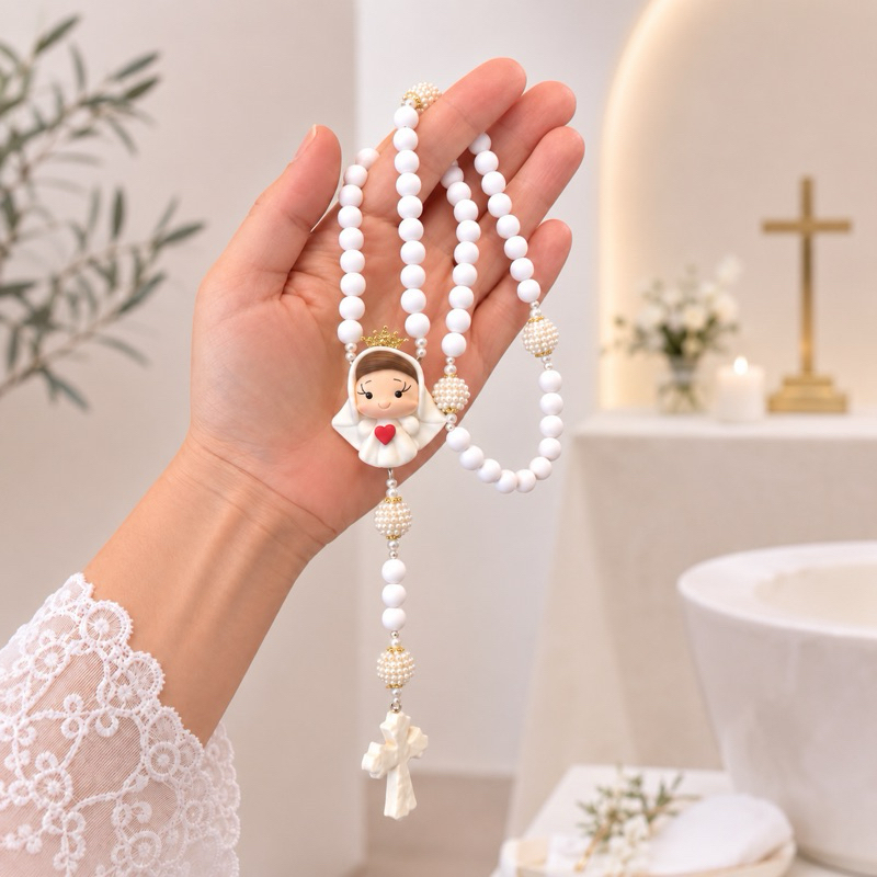 Terço batizado Imaculado Coração de Maria kit com caixa de presente e organza terço infantil personalizado nascimento
