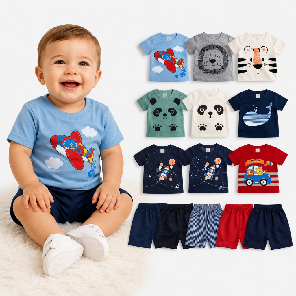 Kit 10 Peças Roupa de Bebê Menino Conjunto Infantil Estampas Divertidas 5 Camisas + 5 Bermudas Inverno Algodão