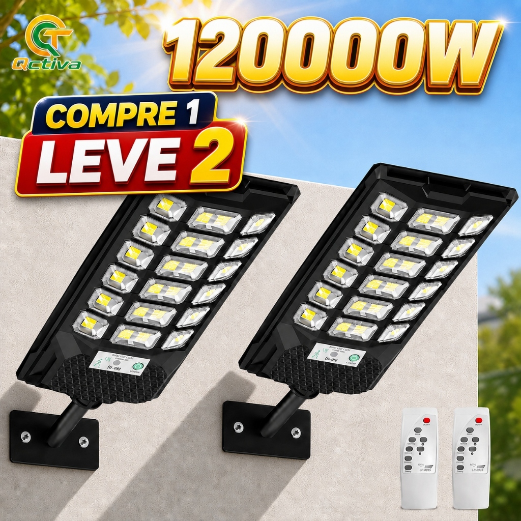 Qctiva Refletor Solar LED 120000W Super Potente IP67 à Prova D'Água com Painel Solar e Controle Remoto