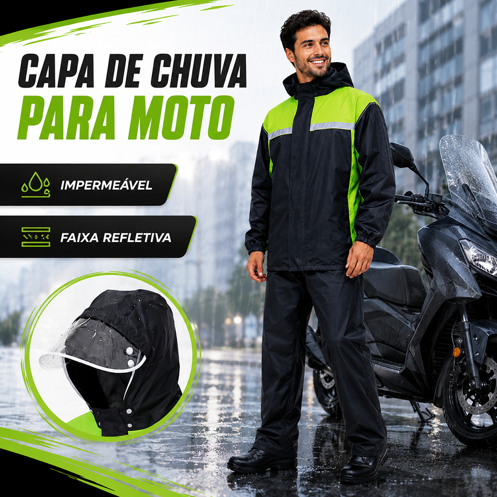 Capa de Chuva para Motoqueiro Motoboy Jaqueta e Calça com Faixas Refletivas e Viseira