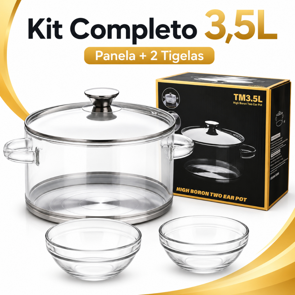 Kit Panela de Vidro 3,5L com Tampa + 2 Tigelas Base Inox Conjunto para Cozinha Sopas e Caldos