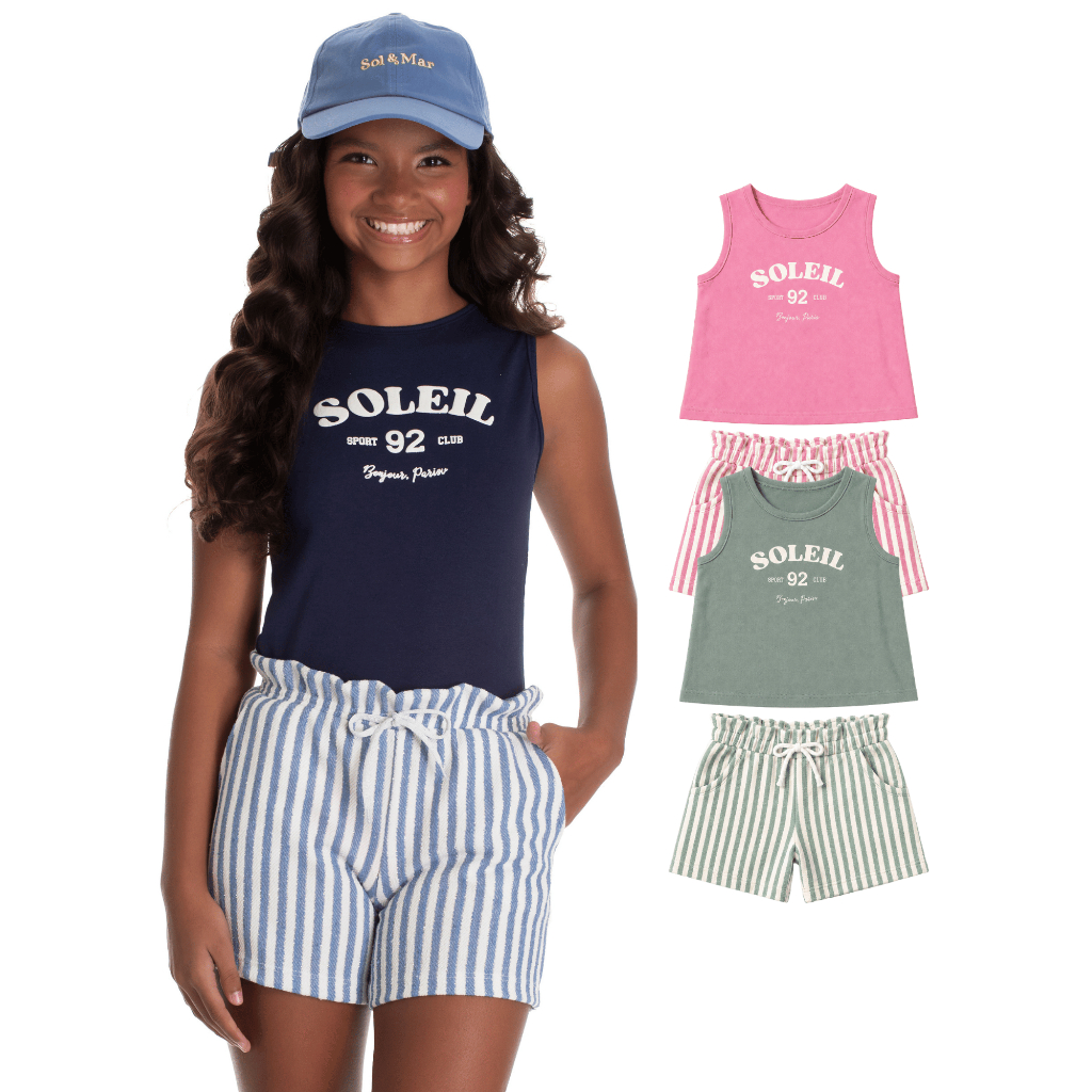 Conjunto Juvenil Feminino Regata Algodão Bermuda Moletinho Ecológico Tamanhos 10 12 14