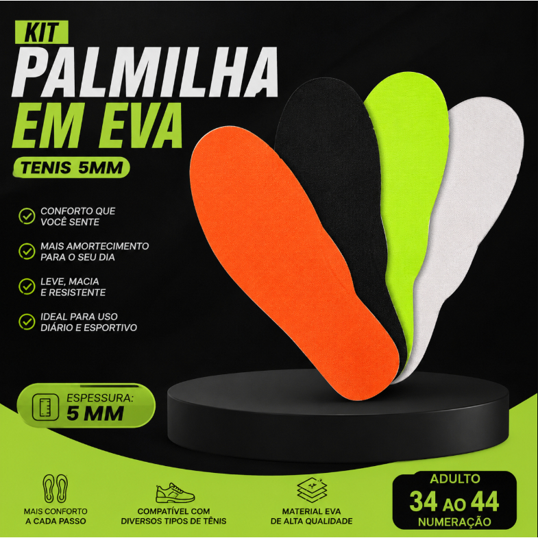 Palmilha EVA 5 MM Tênis Chuteira Confortável Macio Resistente Verde Preto Branco Laranja Acessível