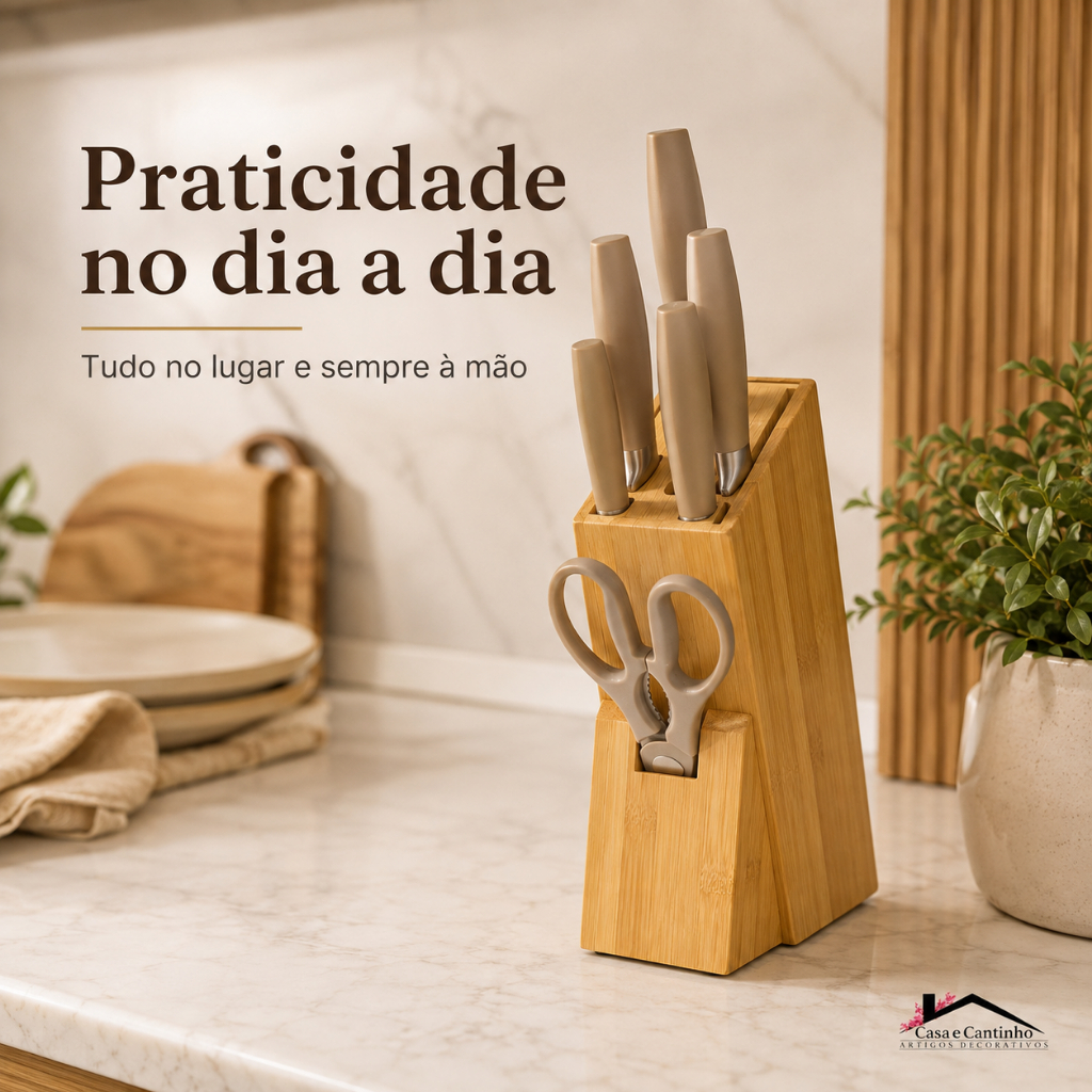 Cepo Suporte Organizador de Faca Tesoura Utensílios de Cozinha Faqueiro de Bancada Bambu Anti Fungos