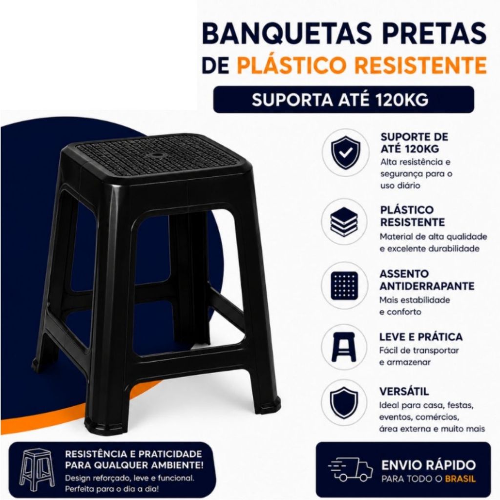 Banqueta Preta De Plástico Resistente Reforçada Adulto Kit Suporta Até 120kg