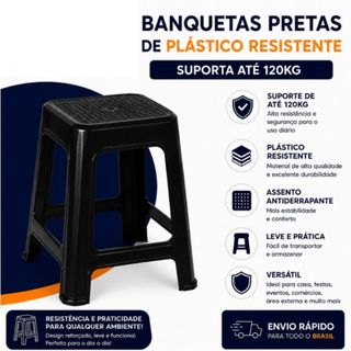 Banqueta Preta De Plástico Resistente Reforçada Adulto Kit Suporta Até 120kg