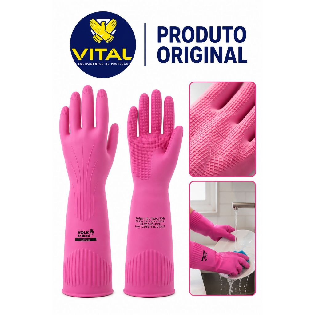 Luva Latex Ranhurada Rosa Ca 36368 Volk limpeza e Cozinha