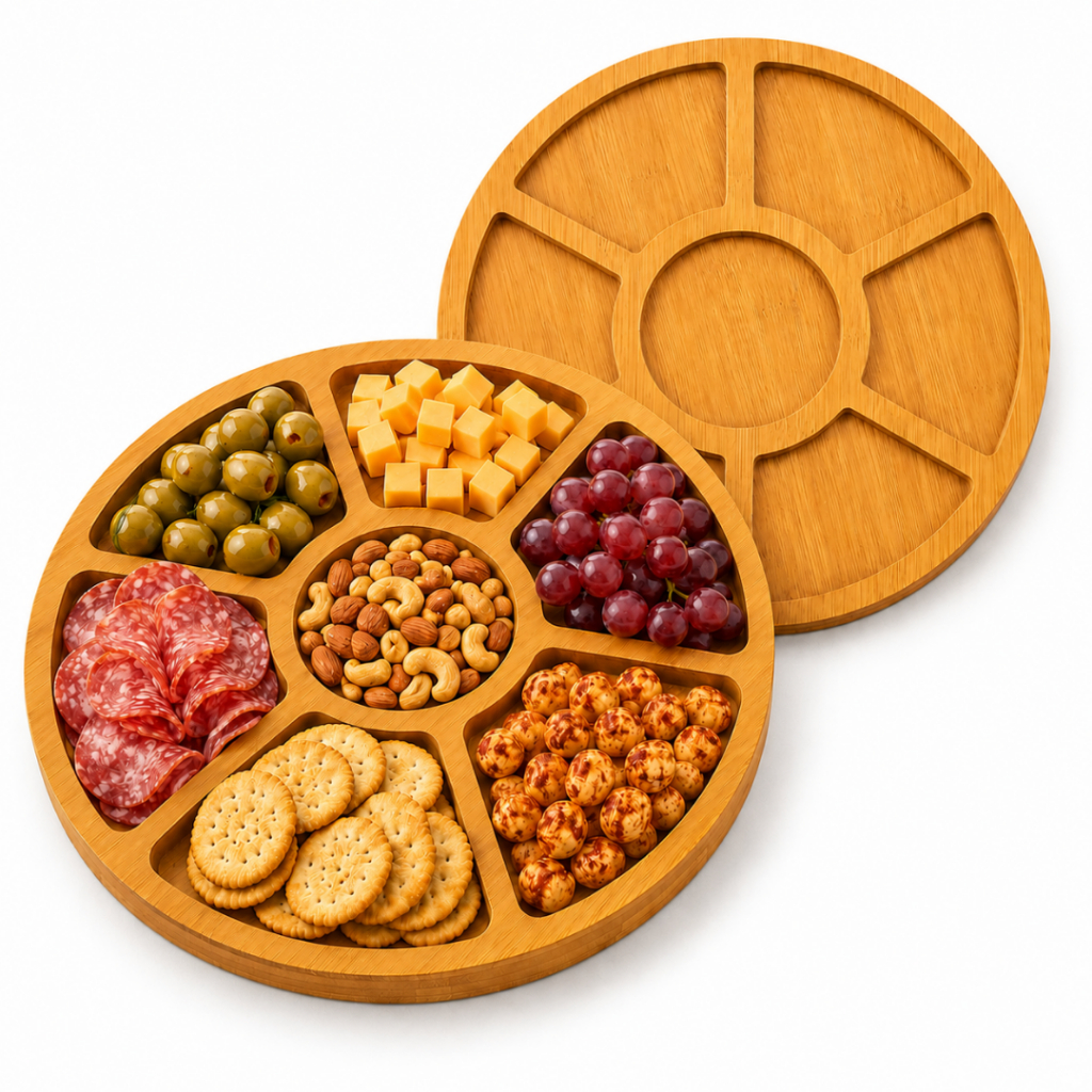 Tábua de Petiscos Roda Tipo Bambu 7 Divisórias MDF 29cm Churrasco Festa Aperitivo petisqueira flower flor vários modelos
