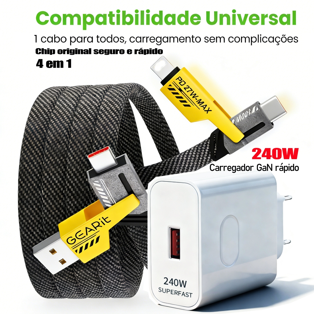 Fonte GaN 240W PD Tipo-C + USB-A | Kit com Cabo 4-em-1, Compatível iPhone Samsung Motorola, Combo ou Separado