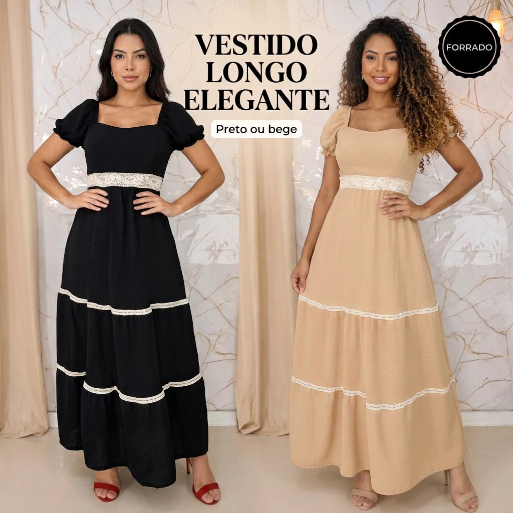 Moda Feminina Vestido Longo Casual Festa Forrado com Renda Elegante Confortável Versátil