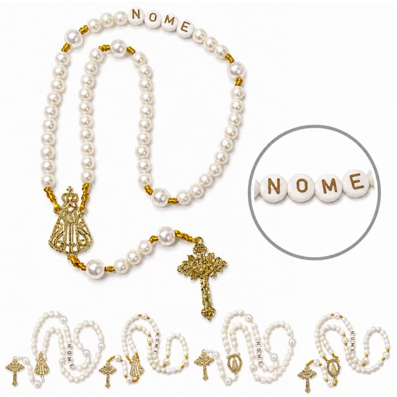 Terço de pérolas Dourado com Nome personalizado Gravado Nossa Senhora Aparecida