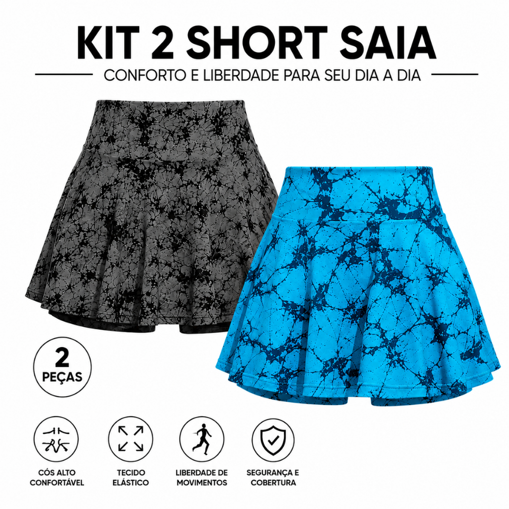 Kit 2 Short Saia Fitness Estampado Feminino Suplex Cintura Alta
