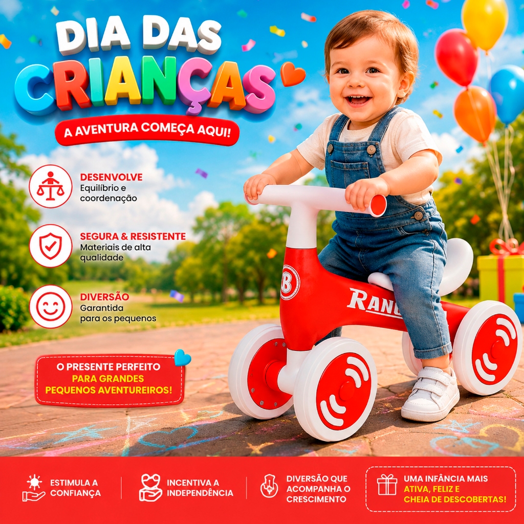 Bicicleta Equilíbrio Infantil Andador Sem Pedal 4 Rodas Bebê Criança
