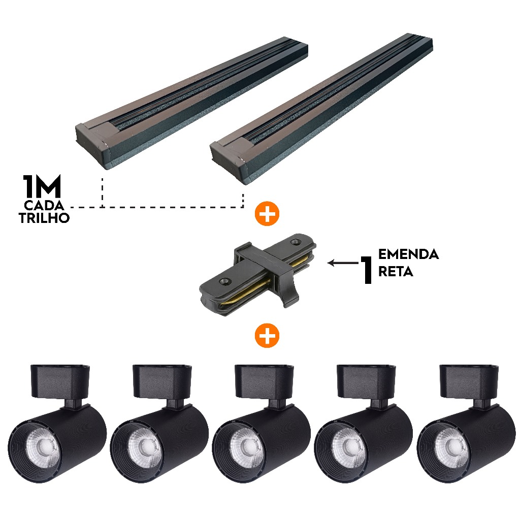 Kit Trilho Eletrificado 2m + 5 Spots Led 7w 10w Direcionável Bivolt (3000k, 4000k,6500k)