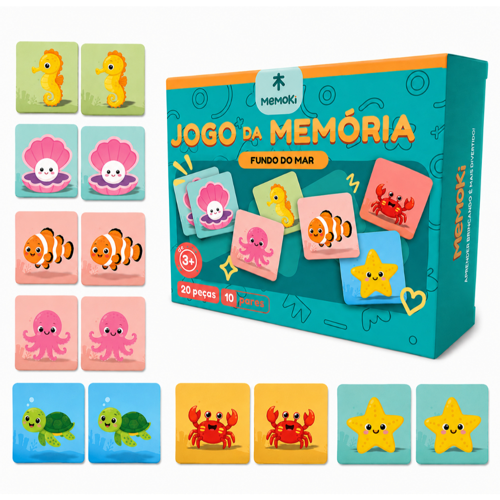 Jogo Da Memória Fundo do Mar MDF 20 Peças 5x5cm Brinquedo Educativo Estimula Coordenação Motora E Raciocínio Lógico