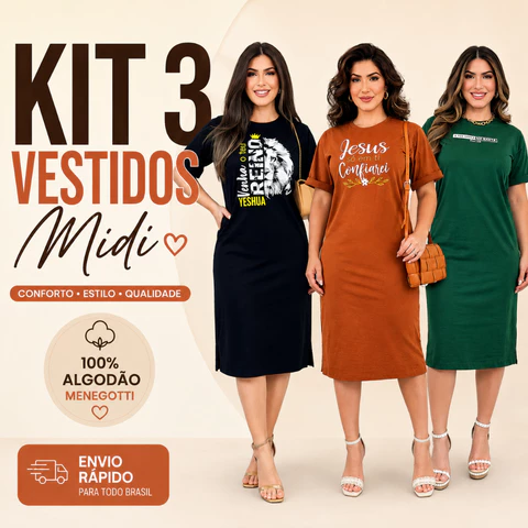 Kit 3 Vestidos Midi Feminino 100% Algodão Premium Gola Redonda com Fenda