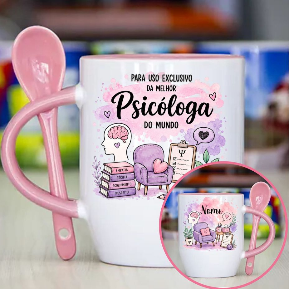 Caneca Com e Sem Colher Personalizada Psicóloga com Nome - Promoção