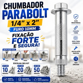 Chumbador Parabolt 1/4 x 2 para Concreto Furo 10mm Kit 10 20 50 Unidades