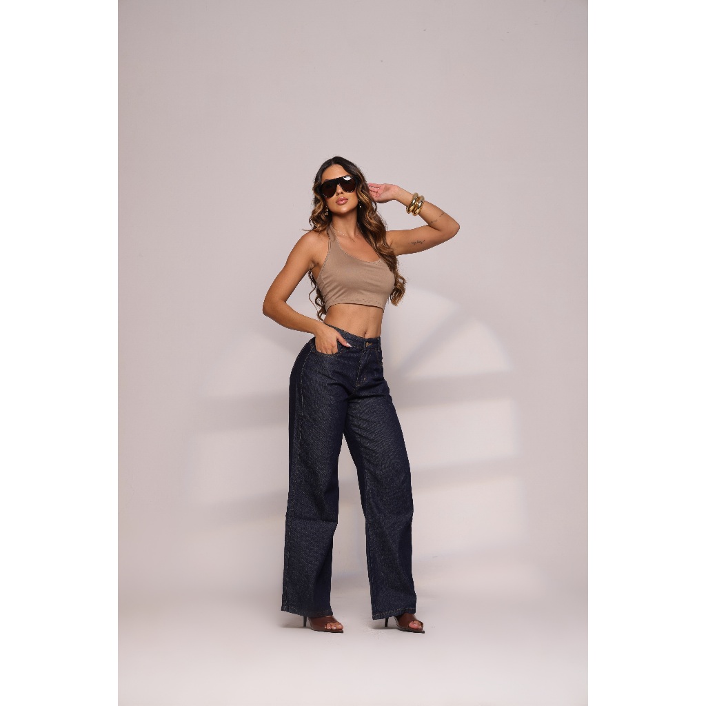 Calça Jeans Feminina Wide Leg Cintura Alta 100% Algodão Premium — imagem 2 de 2
