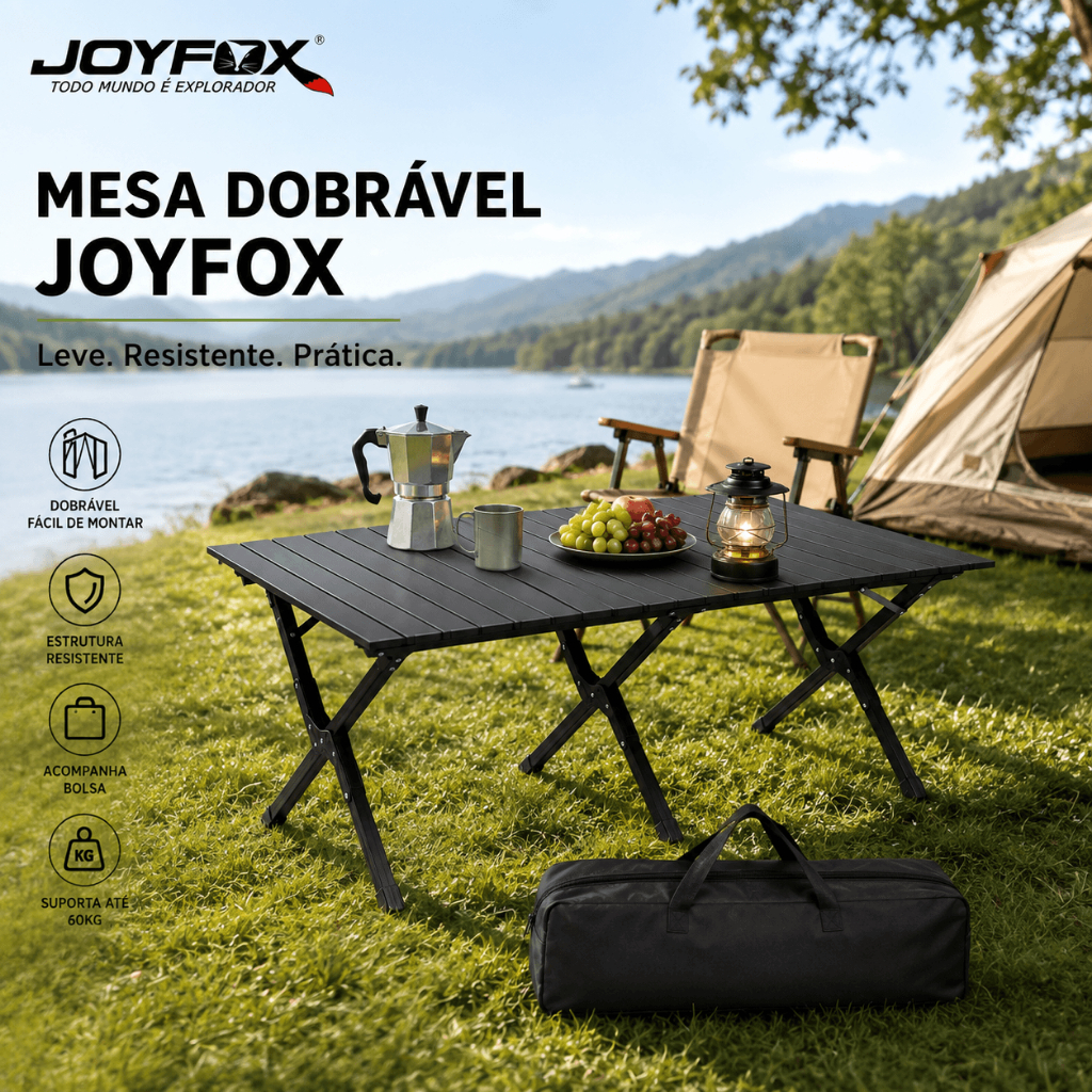 Mesa de Camping Dobrável Alumínio JOYFOX 120cm Portátil Vira Rolo Completa para Praia Churrasco com Bolsa