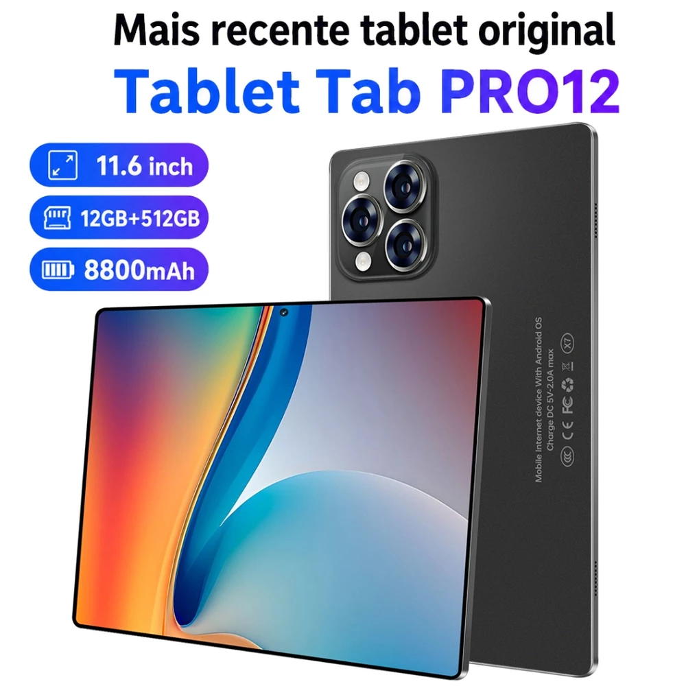 Tablet Pro12 5G Android 12GB RAM 512GB Memória Grande Tela 11.6 IPS Com Chip LTE Teclado Mouse