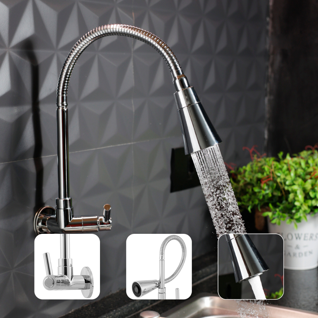 Torneira Gourmet Cozinha Parede Pia Flexível 2 Jatos Abs