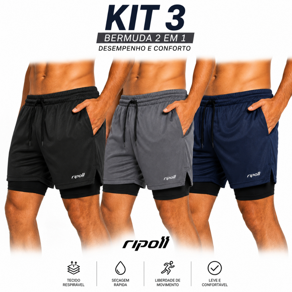 Kit 3 Bermuda Shorts 2 em 1 Masculino Academia Dryfit Elastano Treino Esporte