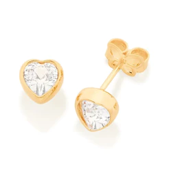 Brinco Solitário Rommanel Coração 2 Zircônia Banhado a Ouro 18k Pequeno Delicado Elegante 520332