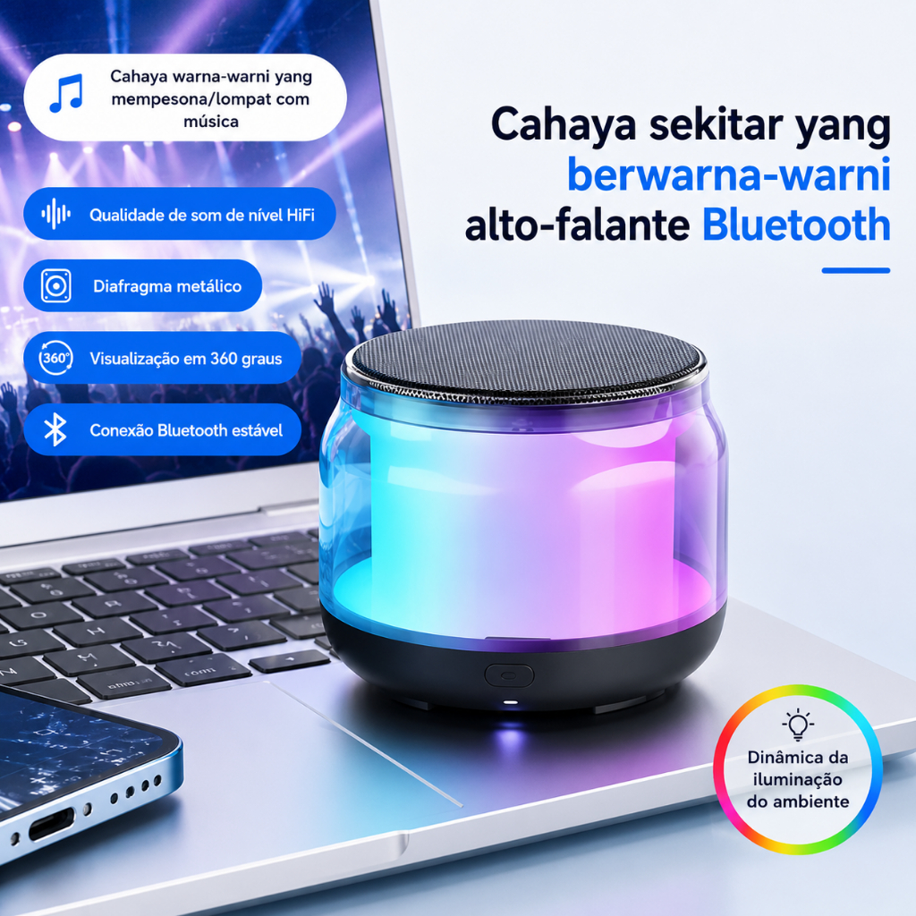 Alto-falante Bluetooth com suporte para conexão Wi-Fi, Bluetooth 5.0, som de alta qualidade e diversos modos de reproduç