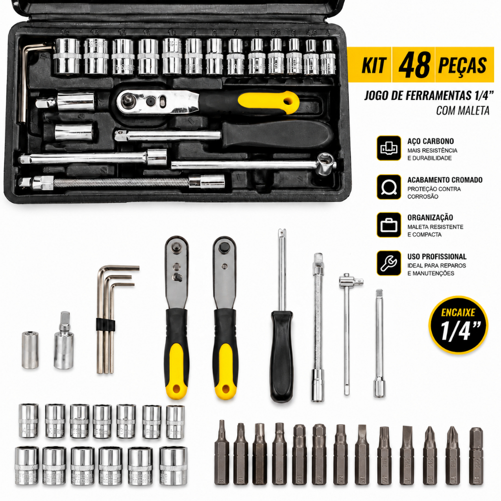 Kit 48 Peças Jogo de Ferramentas 1/4 com Maleta Titanium Platina