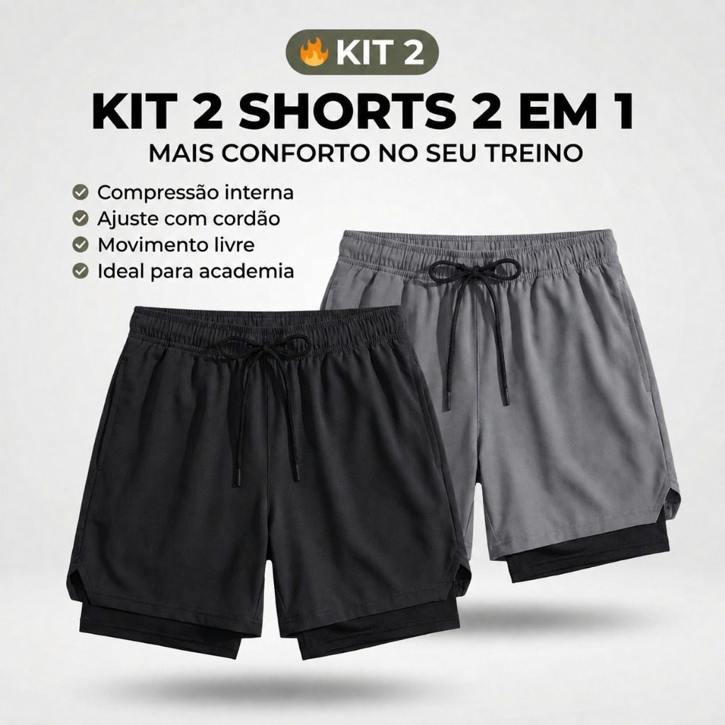 Kit 2 Shorts 2 em 1 Dryfit Masculino com Compressão Térmica Academia Corrida Bermuda ENVIO IMEDIATO
