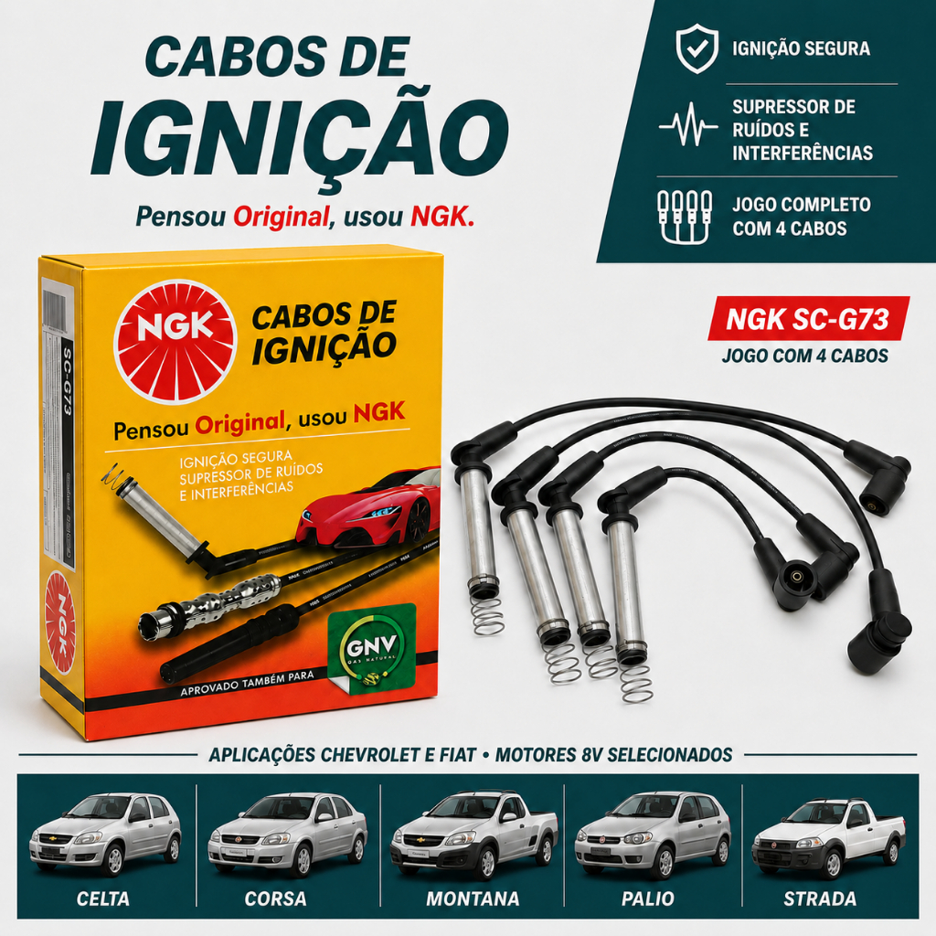 Jogo de Cabos de Vela Ignição NGK SC-G73 Corsa Celta Cobalt Agile Spin Montana Palio Strada Fiat GM Flex 8V