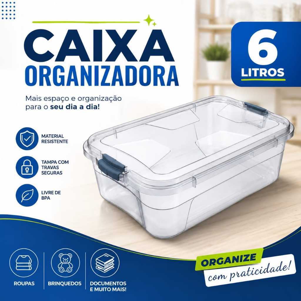 Organizador De Ambientes 6 Litros Caixa Organizadora Transparente Com Tampa Travas Caixa Organizadora