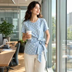 Blusa De Cetim Premium/Bolinha Duna De Manga Curta Com Amarração Assimétrica E Detalhe Que Ajusta A Cintura