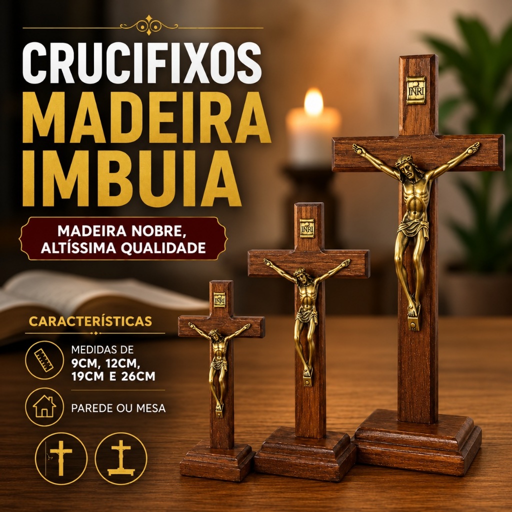 CRUCIFIXOS DE PAREDE OU MESA EM MADEIRA COM CRISTO EM METAL OURO VELHO 9CM, 12CM, 19CM ou 26CM