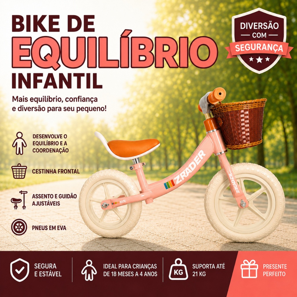 Bicicleta de Equilíbrio Balance Bike Infantil Sem Pedal com Cestinha Leve Resistente Para Criança Rosa